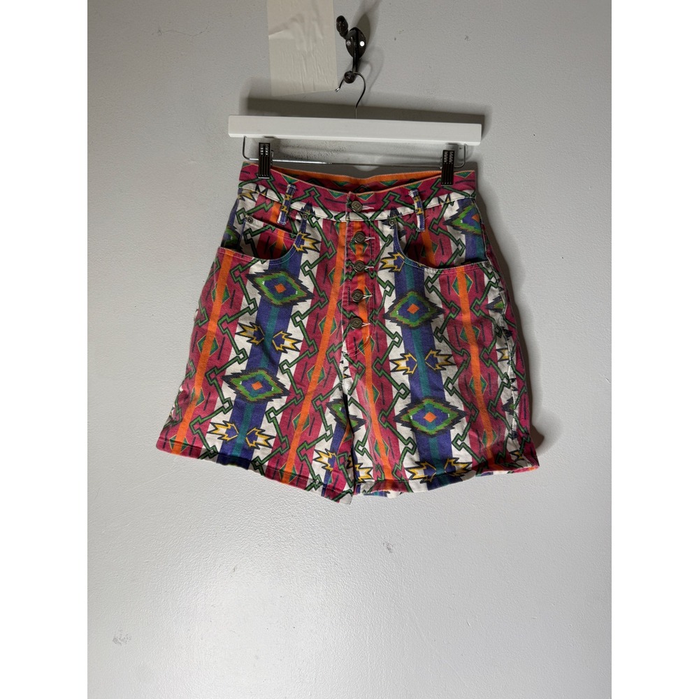 Vintage Nuovo County Seat Southwestern Geometric Denim Shorts Multi-Color 7/8